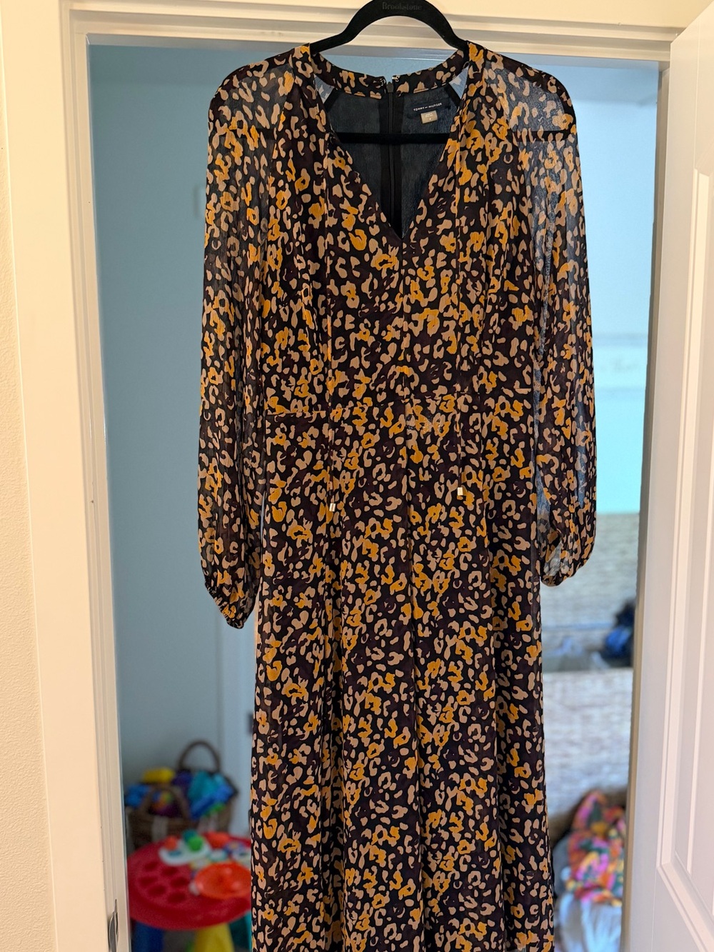Tommy Hilfiger Black, Mustard, Plum Leopard Print Long Sleeve Midi Dress